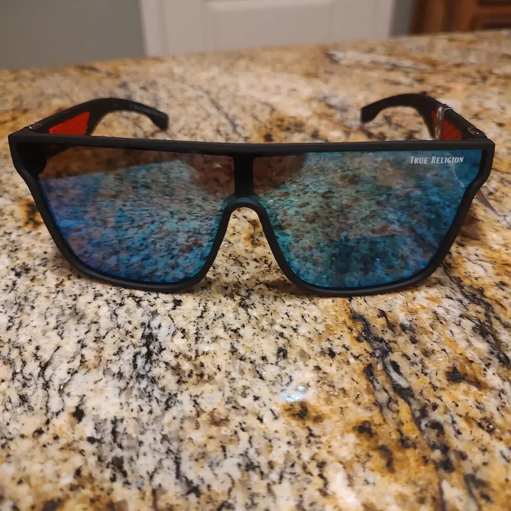 True Religion Sunglasses Mens Black Red Shield Oversized UV Protection TRM1799